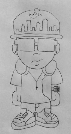 a drawing of a person wearing glasses and a helmet with the city in the background