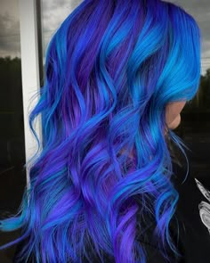 Blue And Purple Mixed Hair, Peacock Colored Hair, Blonde Purple Blue Hair, Purple And Teal Highlights Blonde Hair, Blue And Purple Ombre Hair, Pink And Blue Hair Ideas, Turquoise And Purple Hair, Silver And Blue Hair, Teal And Purple Hair