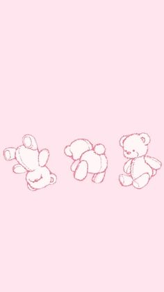 three teddy bears sitting in the middle of a pink background with white writing on it