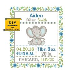 a cross stitch pattern with an elephant on it and the birth date for a baby