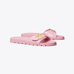 Luxury Spring Slides, Casual Slip-on Slides With Tang Buckle, Casual Tang Buckle Slip-on Slides, Spring Slides With Rectangular Buckle Closure, Casual Spring Slides With Tang Buckle, Luxury Flat Slides With Buckle Closure, Pink Slides With Buckle Closure, Tory Burch Sandals, Footwear Design Women