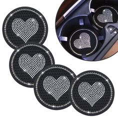 four black and white heart shaped car coasters with diamond hearts in the center, set of 4