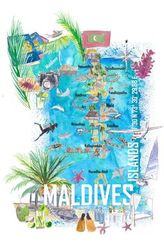 an illustrated map of the island of maldives, with flags and other things on it