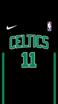 the boston basketball team's jersey is shown in green and white, with the number 11 on it