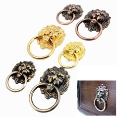 four different styles of door handles with lions on each one and an image of the other