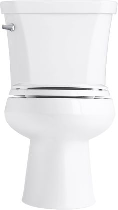 a white toilet with the lid up and chrome trimmings on it's side