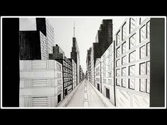 a drawing of a city street with tall buildings