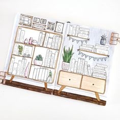 an open book with shelves and plants on it