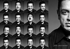 an image of a man with many expressions on his face and in front of him