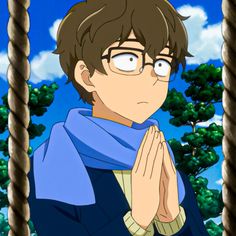 an anime character with glasses and a scarf around his neck, standing in front of some trees