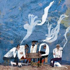 three men sitting on chairs in front of a blue painting with white birds flying above them