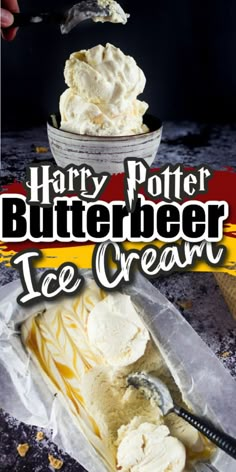 two scoops of ice cream sitting on top of each other in front of the words harry potter butterbeeer ice cream