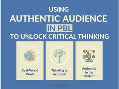 the text using authentic audience in pbl to unlock critical thinking is shown above three images