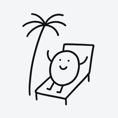 a black and white drawing of a person sitting in a chair under a palm tree