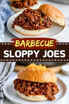 two sloppy joes on plates with the words barbecue sloppy joes in front of them