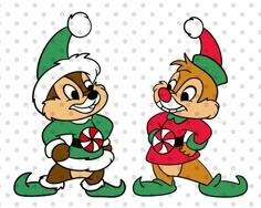 two cartoon animals wearing christmas costumes