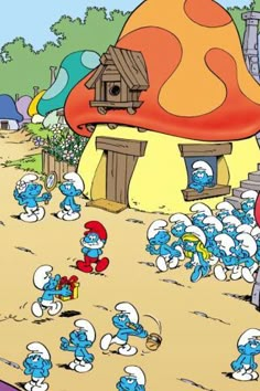 the smurfs are playing in front of a mushroom house and other cartoon characters