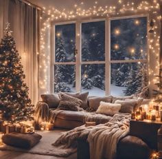 a living room decorated for christmas with lights on the windows and a tree in the corner