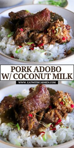 pork adobo with coconut milk served over rice