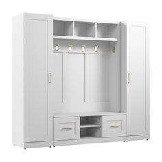 a white closet with two doors and three drawers on the bottom, one door open