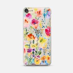 the back of a phone case with watercolor flowers and leaves on it, against a white background