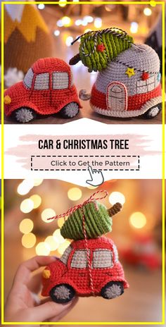 a hand holding a small toy car with a christmas tree on the top and bottom