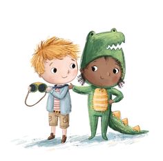 two children dressed as alligators one is brushing his teeth and the other is holding a hair dryer