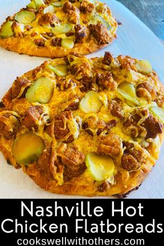 Two flatbreads topped with chicken cheese and pickle Nashville Hot Chicken Flatbread, Nashville Hot Chicken Casserole, Nashville Hot Chicken Pizza, Air Fried Popcorn, Nashville Hot Recipe, Fried Popcorn Chicken, Nashville Hot Sauce, Nashville Hot Chicken Recipe, Hot Chicken Recipe