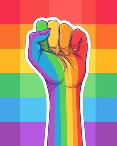 a rainbow colored fist with the word gay written on it in front of a multicolored background