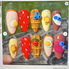 Waffle Nail Art, Orange Seashell Nails, Breakfast Nail Art, Food Themed Nails, Pancake Nails, Quirky Nail Designs, Summer Art Nails, Fun Gel Nails Ideas, Burger Nails