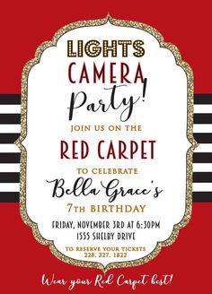 a red and black striped birthday party with the words lights camera party written on it