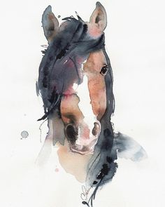 a watercolor painting of a horse's head with black and brown spots on it