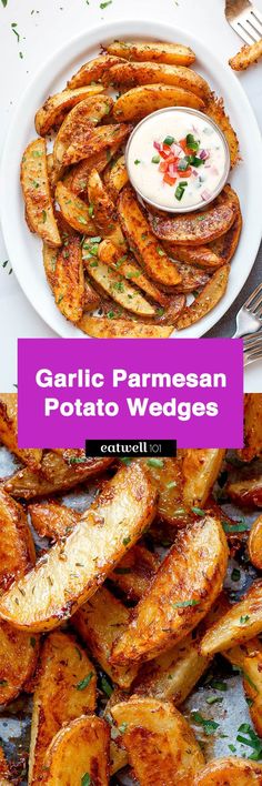 garlic parmesan potato wedges on a white plate with dipping sauce in the middle