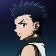 an anime character with black hair and white shirt looking off to the side in front of a dark background