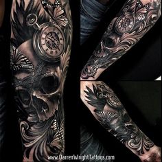 a man's arm covered in tattoos with skulls and clocks