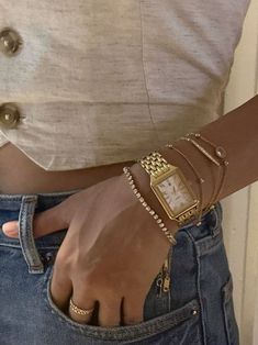 Golden Bracelet Stack, Gold Watch Aesthetic, Golden Watch Women, Classy Bracelets, Gold Bracelets Stacked, Bracelet Stacks, Classy Watch, Bracelet Watches Women