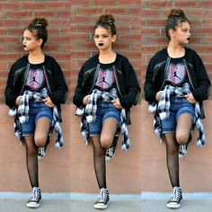 three different pictures of a woman in short shorts and plaid shirt sitting on a wall