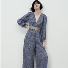 Wrap-Front V-Neck Jumpsuit With Long Sleeves. Contrast Waist And Cuff Detail. Front Pockets. Wide Leg. Back Hidden In-Seam Zip Closure With Opening And Lined Button. Brand New With Tags. L: Armpit To Armpit 22” Length 54”, Full Waist 30” Chic Blue V-neck Pantsuit, Fall Evening V-neck Pantsuit, Chic Zara V-neck Jumpsuits And Rompers, Chic Zara Jumpsuits And Rompers, Zara Jumpsuits And Rompers For Spring Night Out, Elegant Long Sleeve Jumpsuits And Rompers By Zara, Elegant Blue Zara Jumpsuits And Rompers, Zara Evening Jumpsuits And Rompers For Spring, Spring Evening Jumpsuits And Rompers By Zara