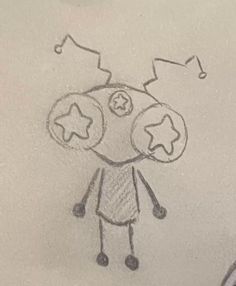 a child's drawing of a person with stars on his head and one eye closed