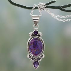 Fresh lilac-hued amethyst gems flank an oval cabochon of dreamy purple composite turquoise in this pendant necklace from India's Neeru Goel. Rope-edged bezels and tiny silver balls complement the stones in this original sterling silver pendant design. The pendant centers a classic sterling silver cable chain. Compositing Ideas, Fantasy Pendant, Amethyst Pendant Necklace, Sweet Jewelry, Vox Machina, Amethyst Necklace Pendant, Silver Necklaces Women, Purple Diamond, Purple Turquoise