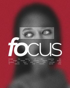 a woman's face with the word focus in front of her and behind her