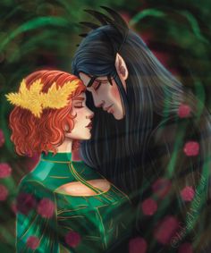 two people with red hair and green clothes, one is kissing the other's forehead