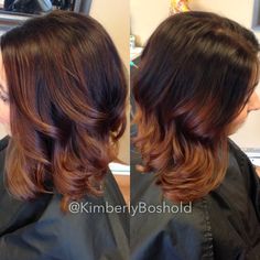 Collar bone length long layered piecey bob with a dark brown base and balayage ombre ends. #hairbykimberlyboshold Red Brown Balayage, Balayage Short Bob, Brown Balayage Short, Ombre Curly Hair, Auburn Balayage, Balayage Short, Brown Curly Hair, Ombre Highlights, Hair Styles 2014