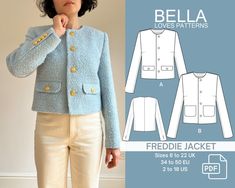 FREDDIE JACKET Pdf Sewing Pattern Tweed Jacket Sizes 6 22 UK Multi Size Pattern English Only - Etsy Light Blue Jacket, Sewing Pattern Sizes, Jacket Pattern, Size Pattern, Pdf Sewing Patterns, Sewing Clothes, Blue Jacket