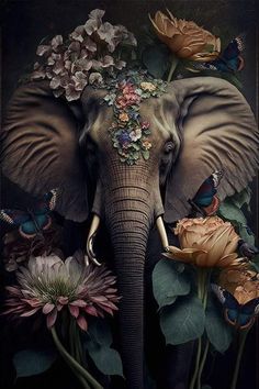 an elephant with flowers on its head surrounded by butterflies and flowers in front of it