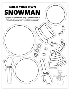 the build your own snowman craft kit is shown in black and white, with instructions to make it