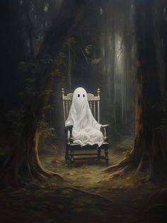 a ghost sitting on a bench in the middle of a forest with trees and grass