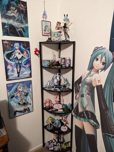 an anime themed room with shelves and pictures on the wall