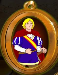 an animated image of a man in a blue and yellow outfit with a red cape