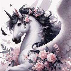 a white unicorn with black hair and flowers on its head is surrounded by pink roses